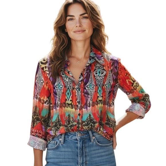 Emma K Tops - Emma K Womens Multicolor Geometric Tribal Print Tie Back Button Down Blouse S